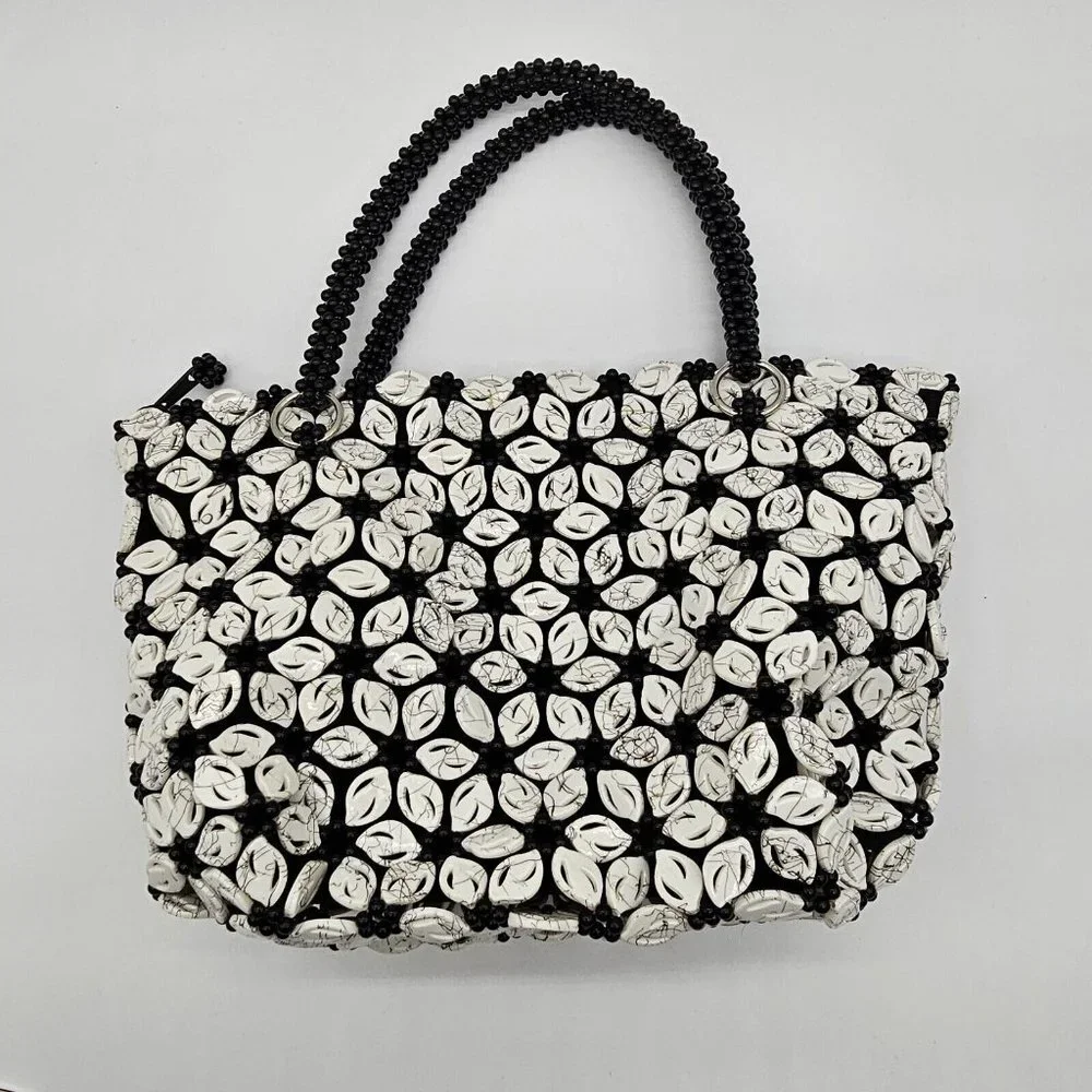 Vintage Glass Beaded Medium Black Pearl White Floral Shoulder Bag Coin Purse Set